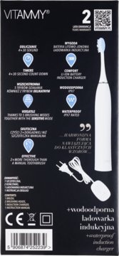 Czarny tył opakowania szczoteczki sonicznej Vitammy z opisem 5 trybów, wodoodporną ładowarką indukcyjną i białym pędzlem.