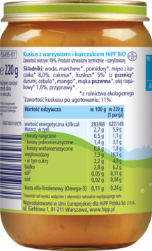 Tył słoiczka HiPP BIO Kuskus z warzywami i kurczakiem, z widoczną tabelą wartości odżywczych i składem.