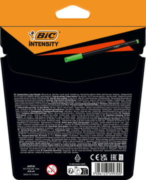 Tył czarnego opakowania kolorowych flamastrów BIC Intensity. Widać zielony marker, logo i liczne teksty informacyjne.