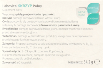 Tylna strona opakowania Labovital Skrzyp Polny, suplementu diety, z opisem składników i sposobu użycia.