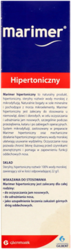 Marimer Hipertoniczny spray do nosa, ciemnoniebieskie opakowanie z czerwonym paskiem, widok z przodu.