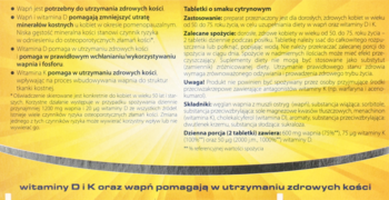 Fragment ulotki D-Vitum forte Osteo o tabletkach cytrynowych na mocne kości dla kobiet 50+, wapń i witaminy D/K.