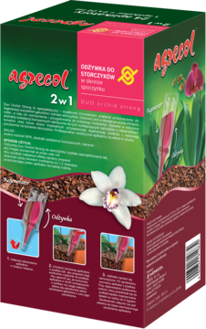 Agrecol Duo Orchid Strong odżywka do storczyków, opakowanie zielono-różowe z aplikatorami 2w1, widok z boku.