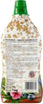 Tył butelki nawozu uniwersalnego BIOHUMUS 1L, etykieta z instrukcją, kwiatami i kodem kreskowym.