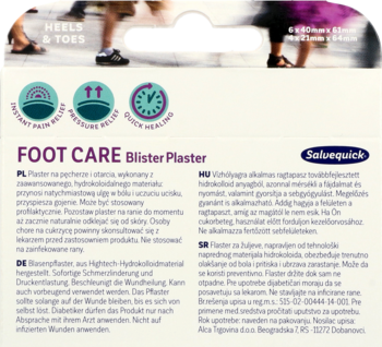 Opakowanie plastrów Salvequick Foot Care na pęcherze i otarcia, z ikonami natychmiastowej ulgi i gojenia.