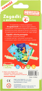 Tył zielono-czerwonego opakowania książeczki Zagadki z dziurką 4+, z napisem "Nowość" i "TESTOWANE NA DZIECIACH".