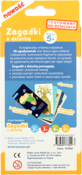 Tył żółto-niebieskiego opakowania 'Zagadki z dziurką' 5+, edukacyjnej gry dla dzieci, z opisem po polsku.
