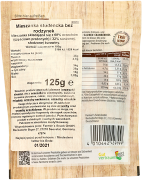 Farmer's Snack mieszanka studencka bez rodzynek 125g, tył opakowania z listą składników i kodem kreskowym.