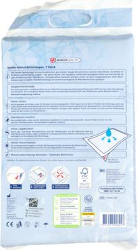 Tył biało-niebieskiego opakowania podkładów higienicznych Nacelle, z opisami i diagramami w języku niemieckim.