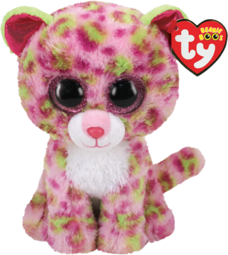 Zabawka pluszowa 14 cm, różowo-zielony Beanie Boo gepard z cętkami i brokatowymi oczami, siedzi przodem, metka.