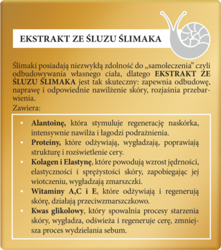 Złoty panel informacyjny o ekstrakcie ze śluzu ślimaka, lista składników, ikona ślimaka.