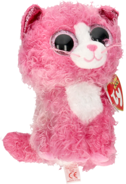 Różowy pluszowy kotek Beanie Boo, siedzący, z dużymi błyszczącymi oczami i białymi detalami, widok z boku.