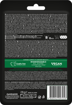 Tył czarnego opakowania matującej maski Garnier z AHA, BHA, węglem aktywnym. Widoczny zielony pasek i barcode.