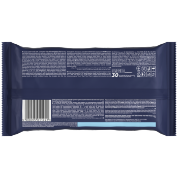 Tył ciemnoniebieskiego opakowania ściereczek Presto do szyb i luster, z kodem kreskowym i informacjami, 30 sztuk.