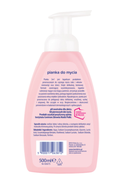 Tył różowej butelki pianki do mycia Bambino dla niemowląt, z białą pompką i widocznym składem.