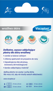 Tył biało-niebieskiego opakowania Viscoplast Wrażliwa Skóra z opisem delikatnych, oddychających plastrów.