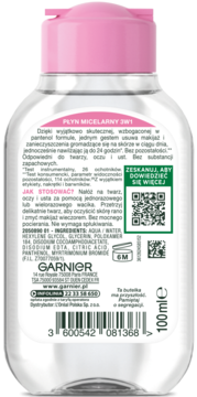 Tył butelki Garnier Płyn Micelarny 3w1 do skóry wrażliwej, z etykietą w języku polskim i kodem QR.