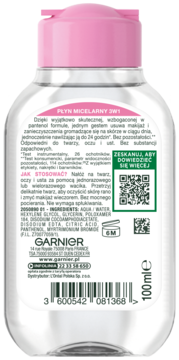 Tył przezroczystej butelki Garnier Płyn Micelarny 3w1 100ml z różową zakrętką, widoczną etykietą i kodem kreskowym.