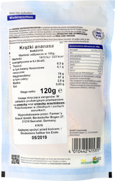 Tył opakowania suszonych krążków ananasa Farmer's Snack, białe, z tabelą wartości odżywczych i datą ważności 05/2019.