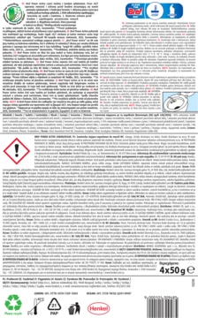 Tył opakowania Bref Power Aktiv 4x50g, zawieszki do WC z efektem antykamień, widoczne ostrzeżenia i logo.