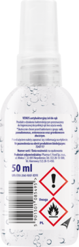 Tył przezroczystej butelki Venus antybakteryjny żel do rąk spray 50 ml z białą etykietą, ostrzeżeniami i kodem kreskowym.