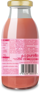 Tył szklanej butelki Purella Energy Smoothie z różowym płynem i złotą zakrętką, widoczny kod kreskowy.