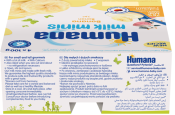 Bananowy deserek Humana Milk Minis 4x100g, białe opakowanie z niebieskimi napisami, widok z góry.