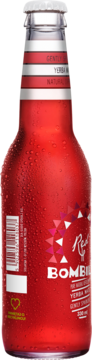 Butelka Bombilla Red, czerwona, z rosą, napój mate o smaku akai, granatu i żurawiny, widok z przodu.
