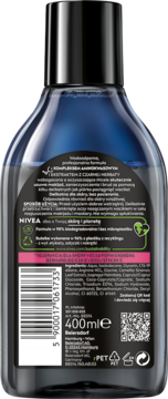 Tył ciemnej butelki NIVEA płynu micelarnego 400ml, z formułą aminokwasów i herbaty, widoczny skład.