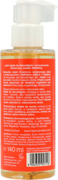 Tył opakowania olejku do demakijażu Miło Cosmetica 140ml. Czerwona etykieta, tekst i biały dozownik.