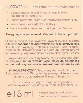 Tył opakowania myPOWERelixir serum rewitalizującego 15ml, z listą naturalnych składników i zastosowaniem.