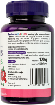 Tył ciemnofioletowej butelki Sambucus Kids żelki, biała etykieta z polskim tekstem, masą 120g i 60 żelkami.