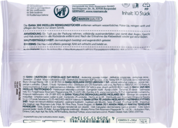 Tył opakowania Isana Clean+Care chusteczek micelarnych, widoczne szczegółowe instrukcje i kod kreskowy.