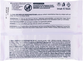 Tył białego opakowania chusteczek micelarnych Isana Clean+Care, 10 sztuk, z niemieckim opisem.