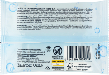 Tył jasnoniebieskiego opakowania Isana Hydro 3 w 1 chusteczek, z opisem, kodem kreskowym i logo recyklingu.