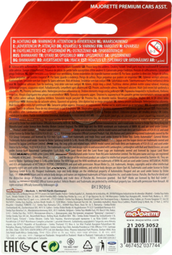 Czerwono-pomarańczowy tył opakowania metalowych samochodów Majorette Premium, z kodem i opisami.