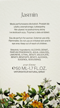 Tył opakowania damskiej wody perfumowanej Jasmin 50ml z listą składników i kwiatowym wzorem.