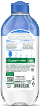 Tył butelki Garnier Płyn Micelarny Pielęgnujący z olejkiem 400ml, przezroczysta, niebieski korek, polska etykieta.