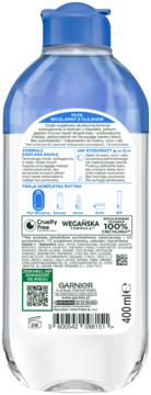 Garnier Płyn Micelarny z Olejkiem 400ml, tył przezroczystej butelki z niebieską nakrętką, polska etykieta.