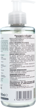 Tył butelki mydła w płynie Alterra BIO Różaniec i Gliceryna 500ml z białą pompką, widoczną etykietą PL.