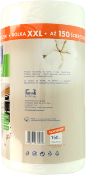 Biała rolka ekologicznych ściereczek Ecowipes z bawełny, XXL, 150 szt., widok z boku opakowania.