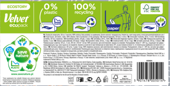Tył zielono-białego opakowania chusteczek Velvet Ecopack. Wyróżniono '0% plastik', '100% recykling' oraz barcode.