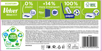 Tył zielonego opakowania chusteczek Velvet ecopack z białymi ikonami, 0% plastiku, 100% recyklingu.