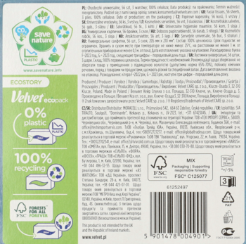 Tył zielonego opakowania chusteczek Velvet Ecostory, z symbolami recyklingu i informacjami 0% plastik.