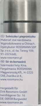 Etykieta na stalowej solniczce i pieprzniczce, z opisami produktu w języku polskim, węgierskim i niemieckim.