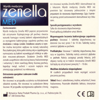 Ulotka Zenella MED: biała strona informacyjna z fioletowo-niebieskim logo u góry, widok z przodu.