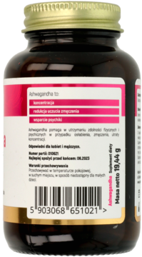 Ashwagandha, suplement diety, w brązowej butelce z złotą zakrętką, widok z tyłu z etykietą i składem.