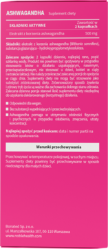 Tył różowego opakowania suplementu Ashwagandha z białym tekstem, widoczny opis składników i sposób użycia.