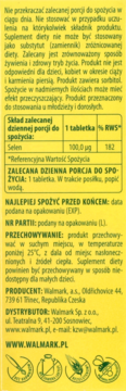 Tył żółtego opakowania Walmark Selen Organiczny 100 µg z informacją o składzie, przechowywaniu i producencie.