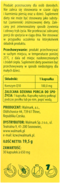 Pionowa, żółta etykieta Walmark Koenzym Q10 Max 100 mg, pokazująca skład, dawkowanie i dane producenta.